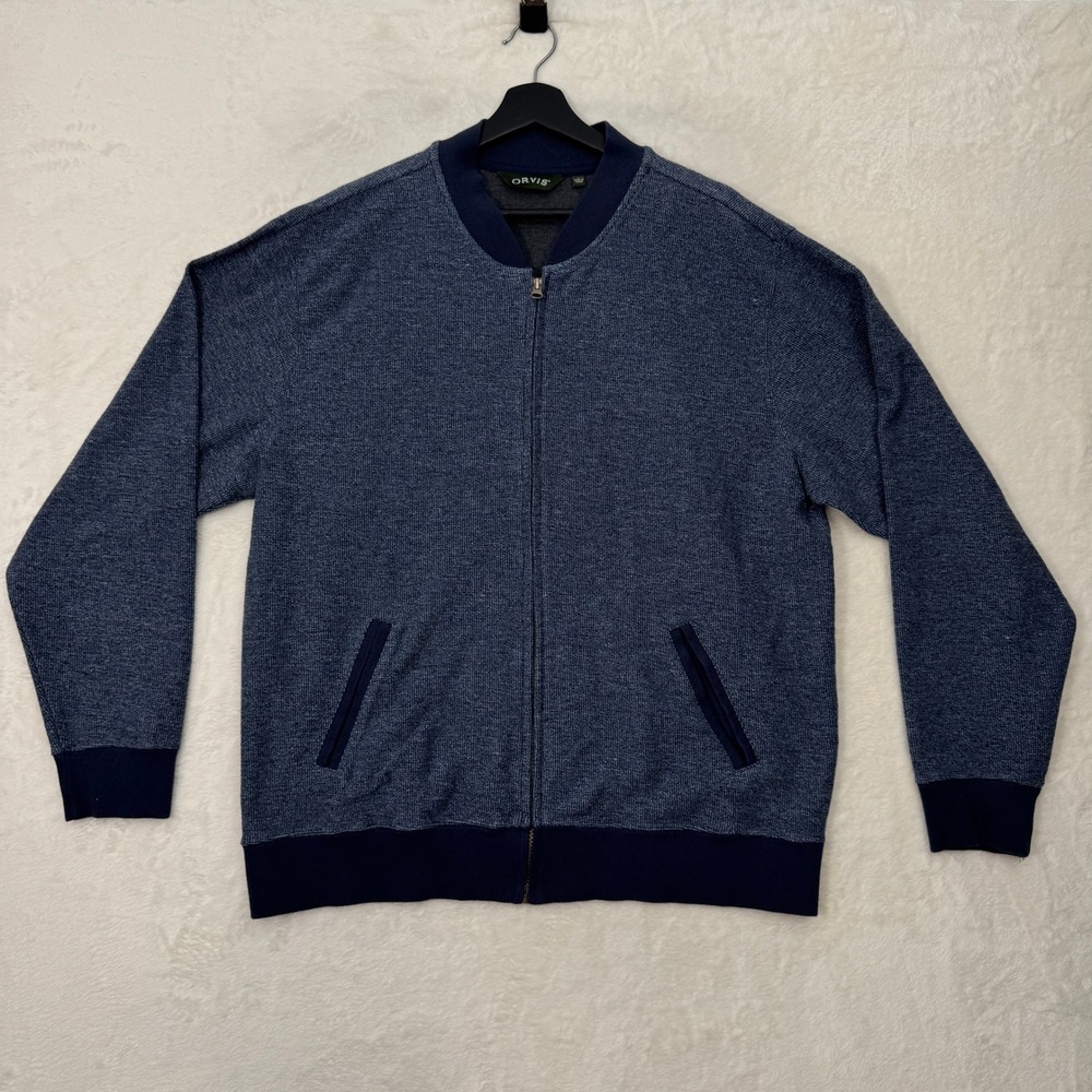 Orvis Jacket‎ Mens Large Blue Full Zip Textured Knit Bomber Sweatshirt Ribbed